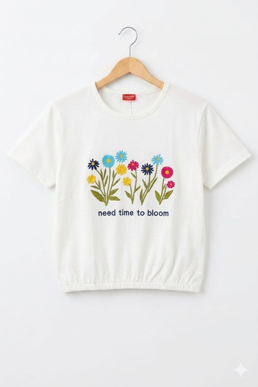 ( Short Length )Need Time Embroidery White T-Shirt Girls  ( R-532 )