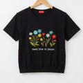 ( Short Length )Need Time Embroidery Black T-Shirt Girls  ( R-540 )