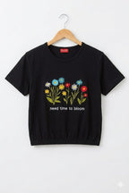 ( Short Length )Need Time Embroidery Black T-Shirt Girls  ( R-532 )