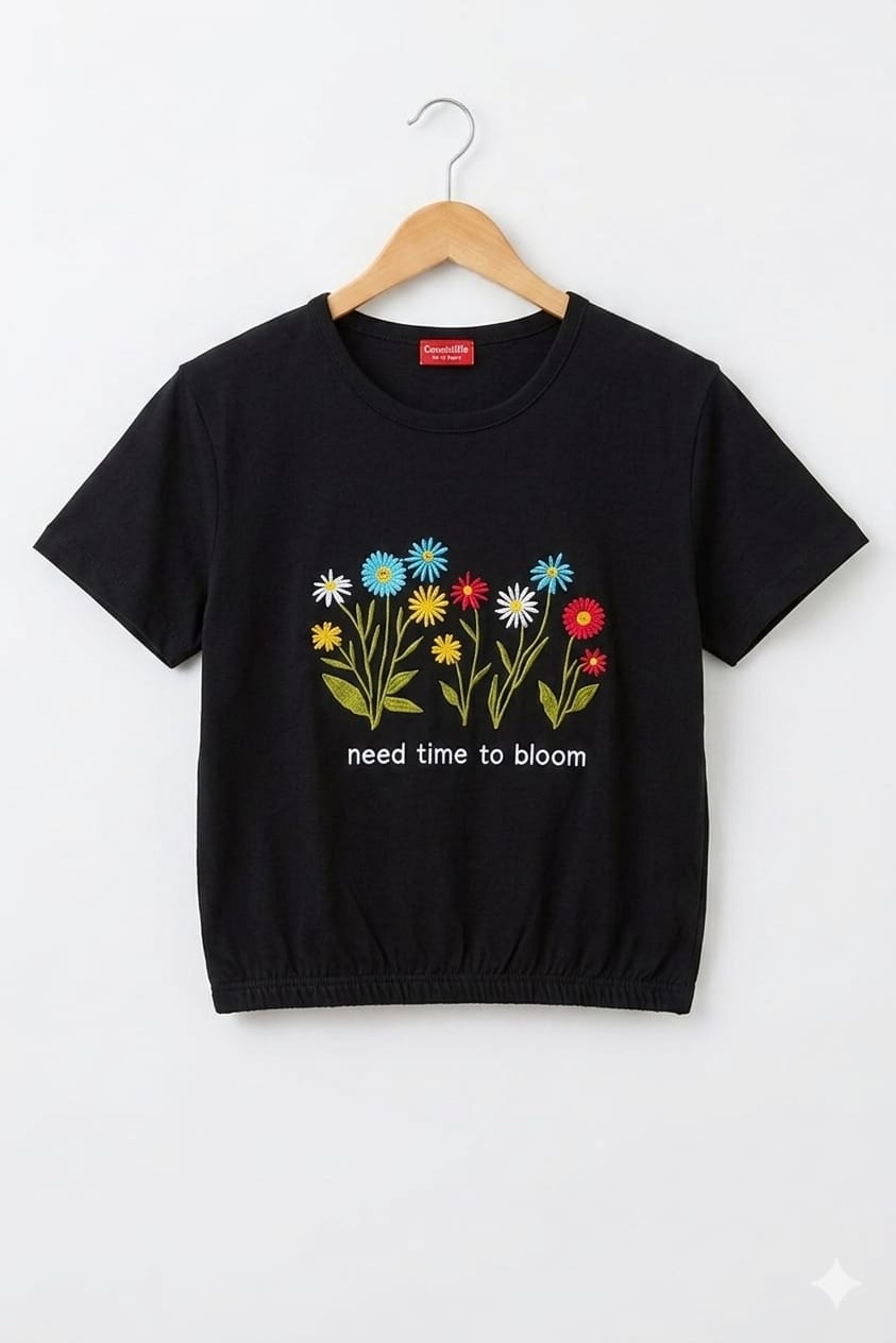 ( Short Length )Need Time Embroidery Black T-Shirt Girls  ( R-540 )