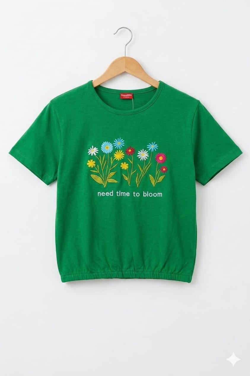 ( Short Length )Need Time Embroidery Green T-Shirt Girls ( R-532 )