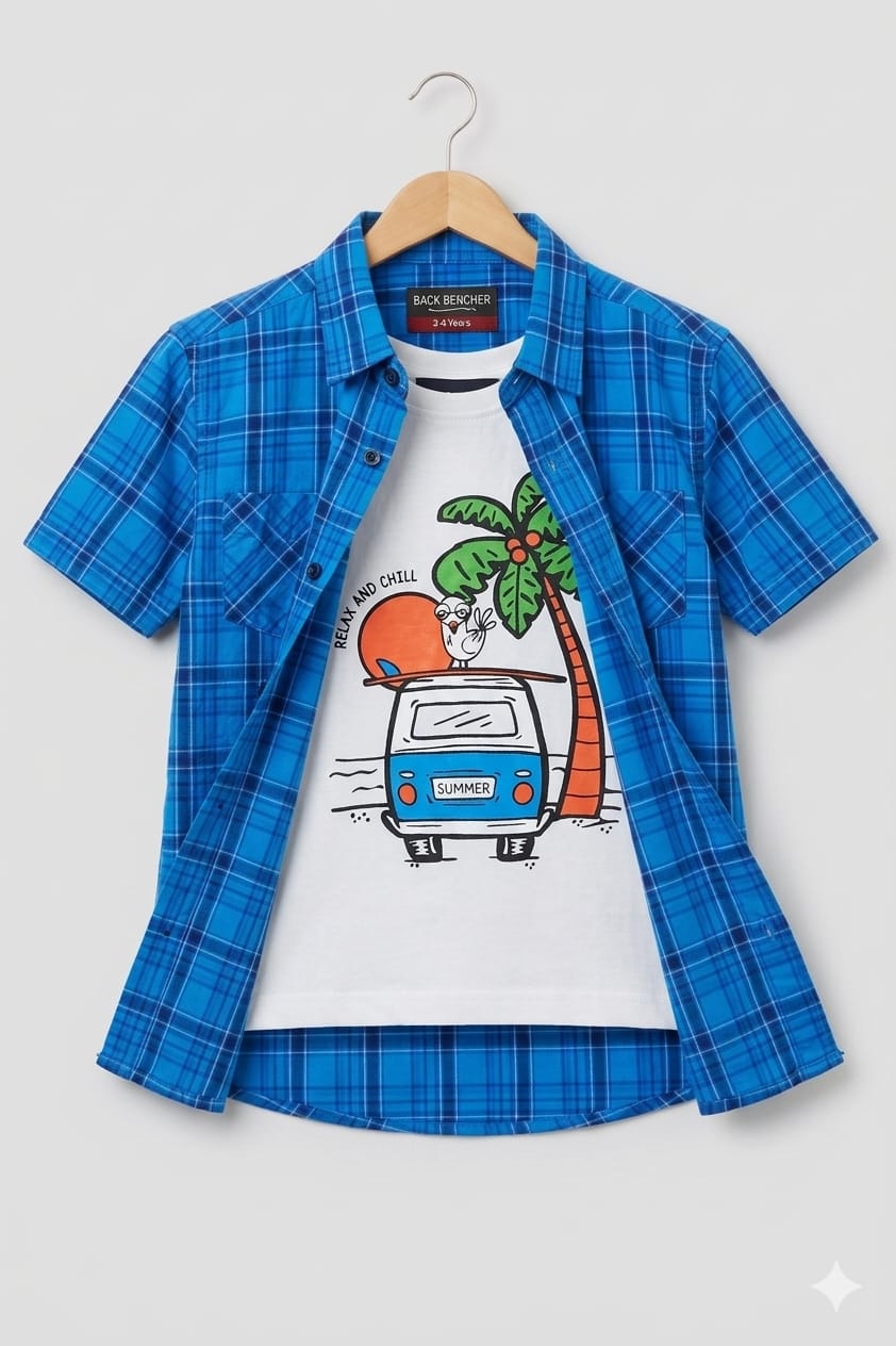 Summer White Inner Blue Check Double Casual Shirt Boys