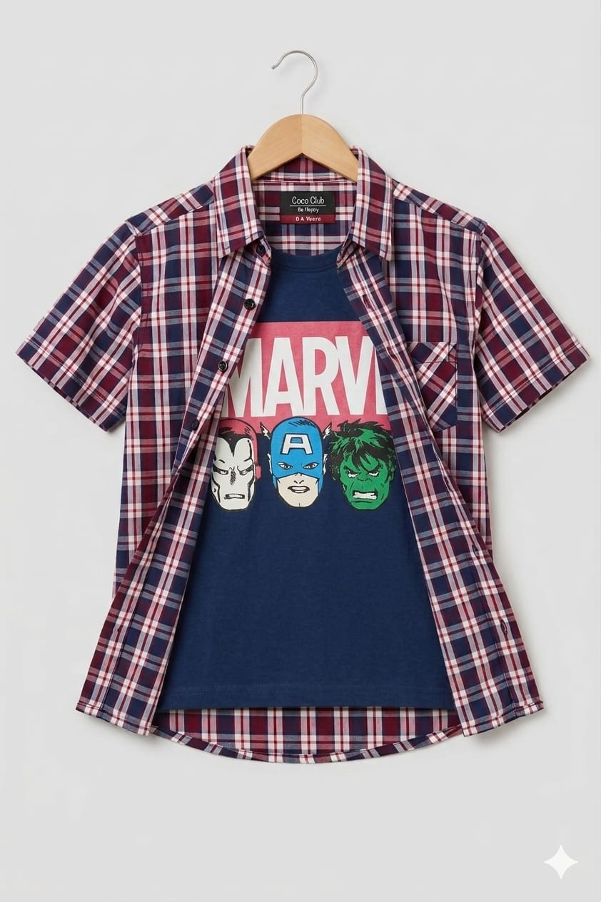 Marvel Navy Inner Mahroon Check Double Casual Shirt Boys