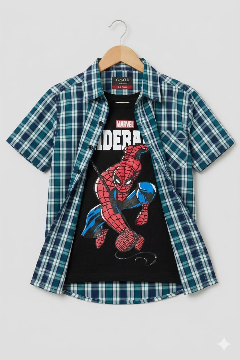 Spiderman Black Inner C-Green Check Double Casual Shirt Boys