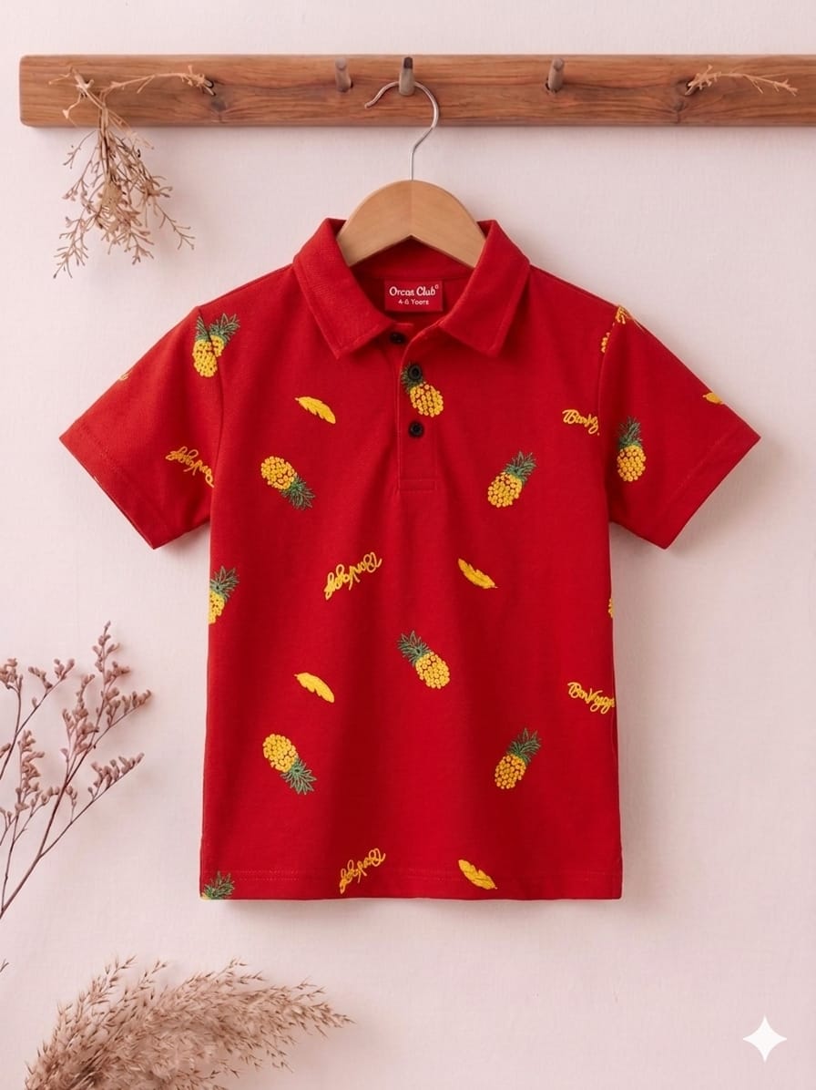 Pineapple Print Red Collar Polo Boys
