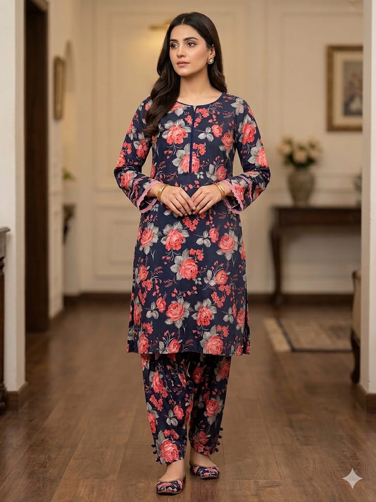 Unstitched Printed Suit- Red Rose Navy 2 Piece Suit