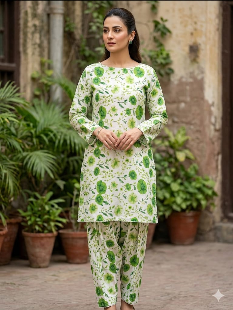 Unstitched Printed Suit- Green Flower Pista 2 Piece Suit