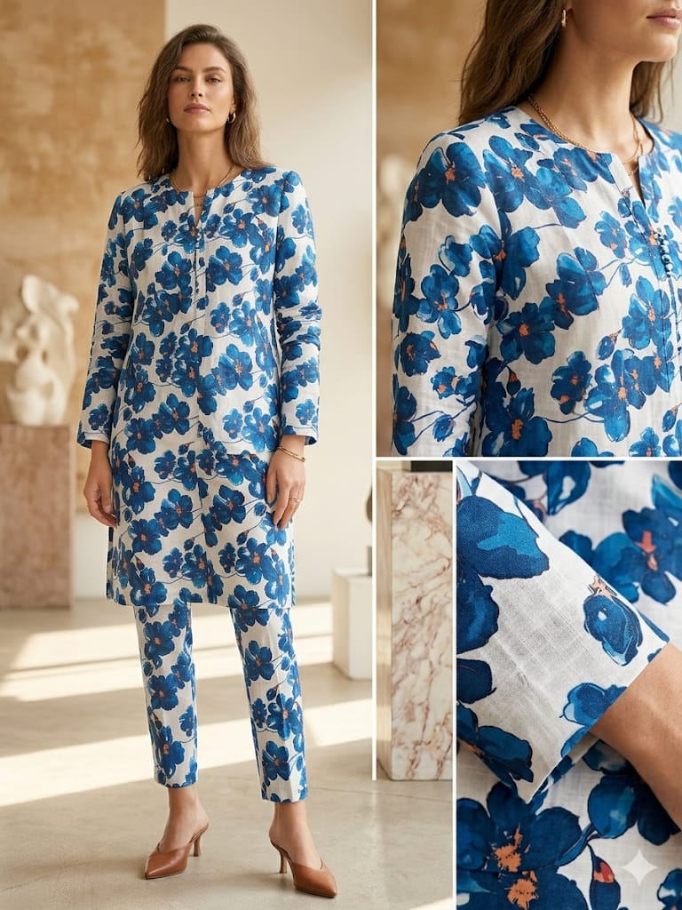 Unstitched Printed Suit-  Blue Flower White 2 Piece Suit