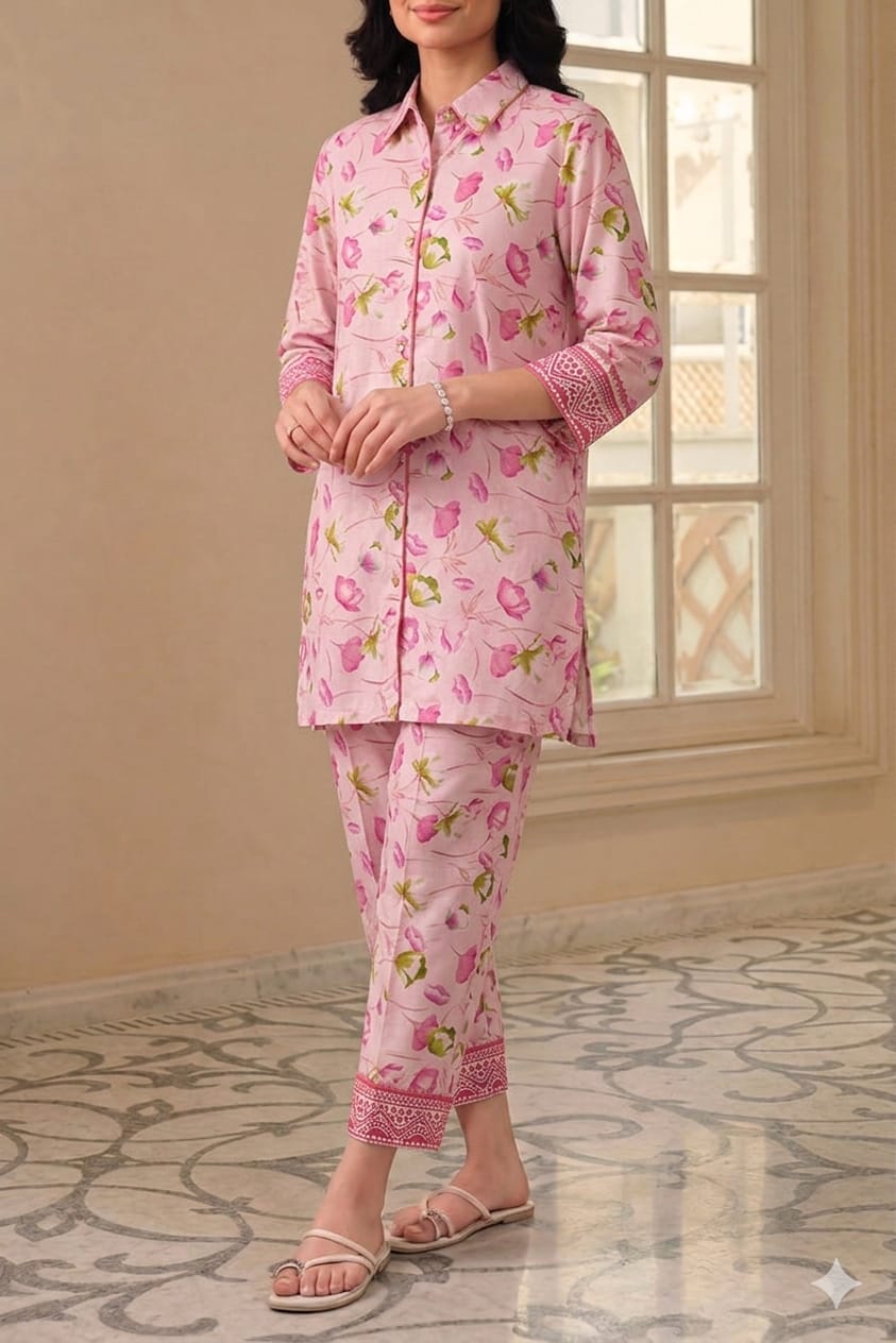 Unstitched Printed Suit- Pink Rose Baby Pink 2 Piece Suit