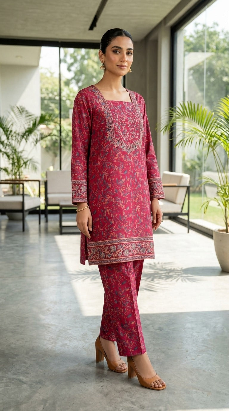 Unstitched Printed Suit- Floral Print Mahroon 2 Piece Suit