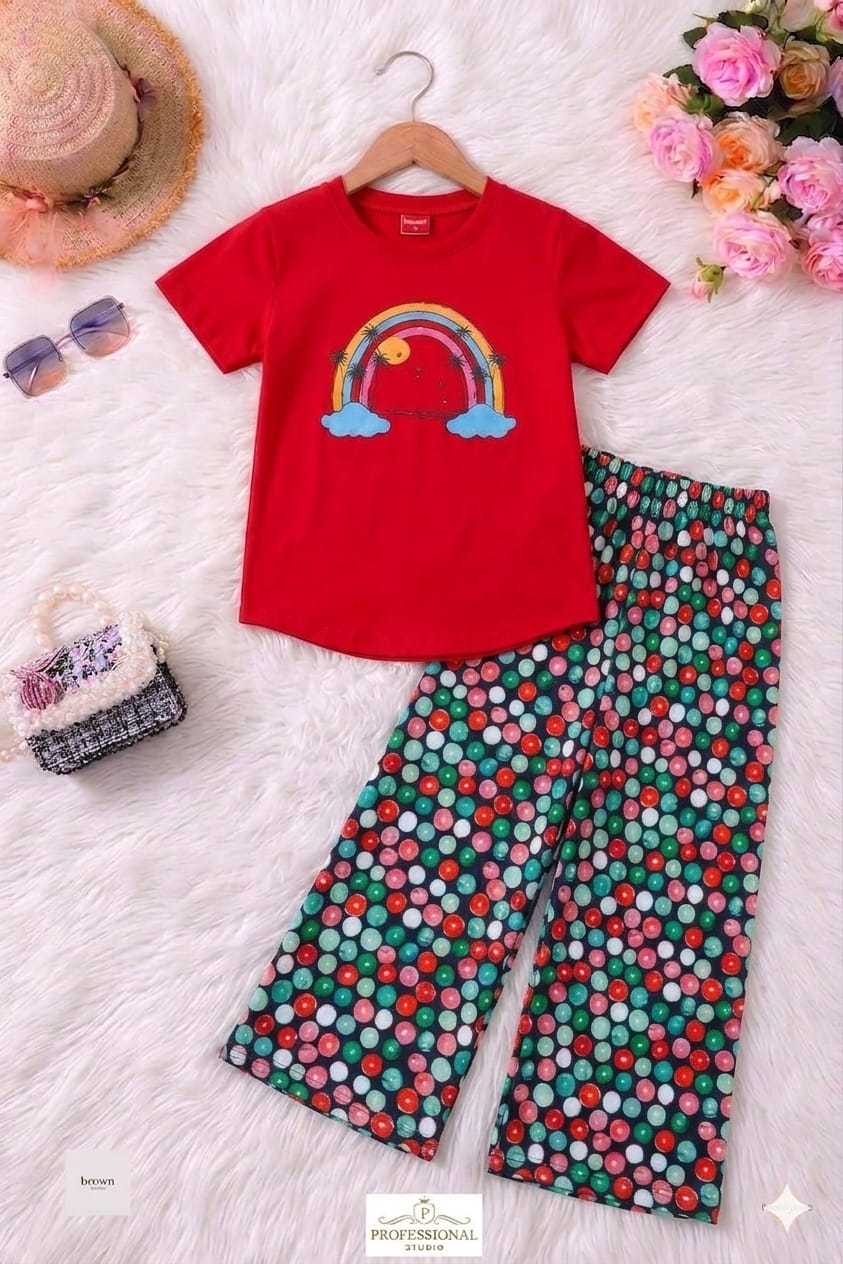 Rainbow Print Red T-Shirt & Flapper Girls(R-128)