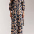 Unstitched Printed Suit-  Brown Flower Navy 2 Piece Suit