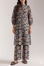 Unstitched Printed Suit-  Brown Flower Navy 2 Piece Suit