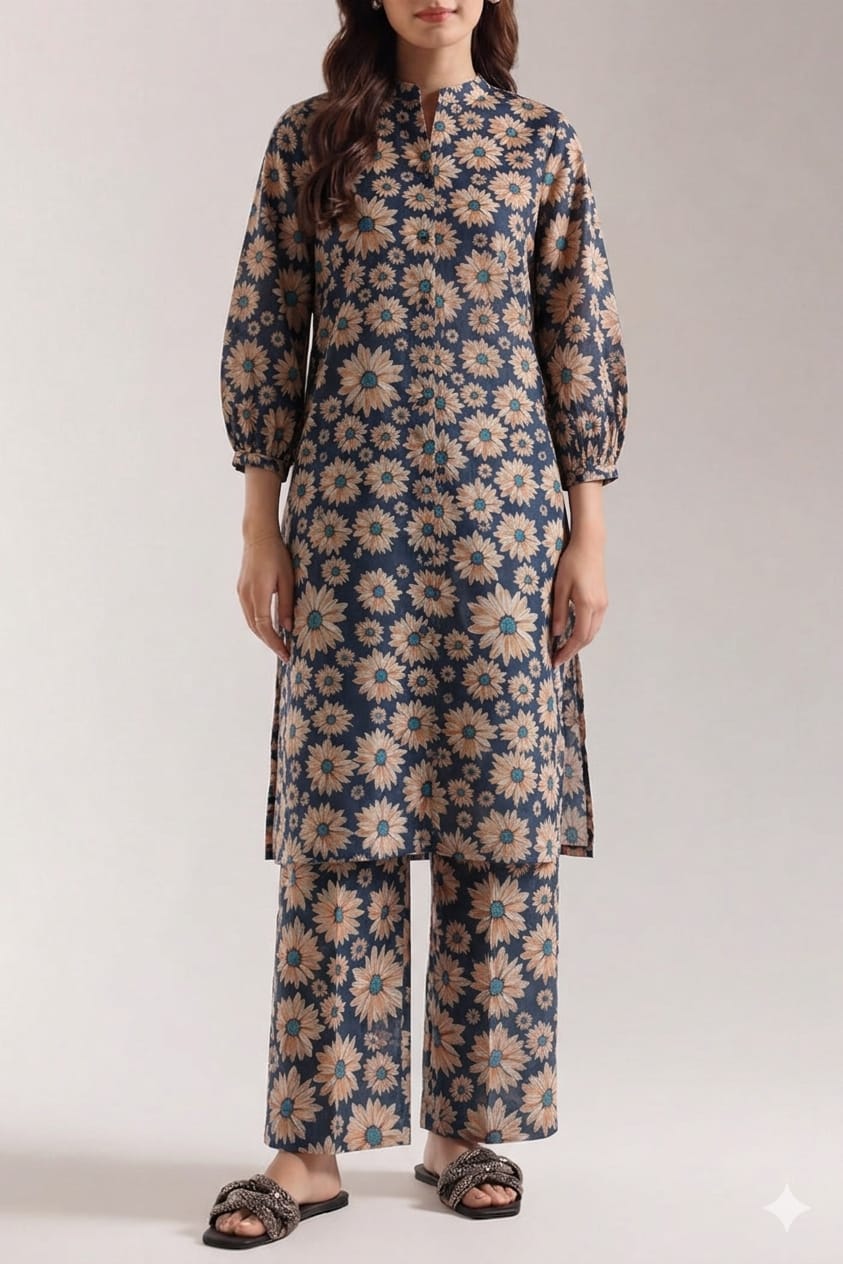 Unstitched Printed Suit-  Brown Flower Navy 2 Piece Suit