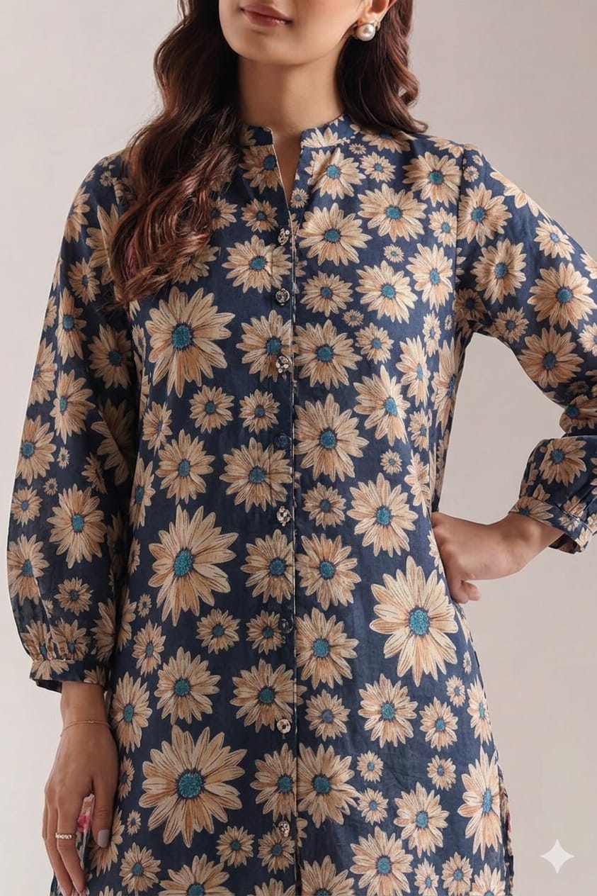 Unstitched Printed Suit-  Brown Flower Navy 2 Piece Suit