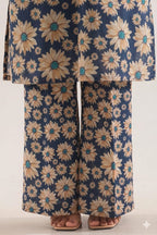 Unstitched Printed Suit-  Brown Flower Navy 2 Piece Suit