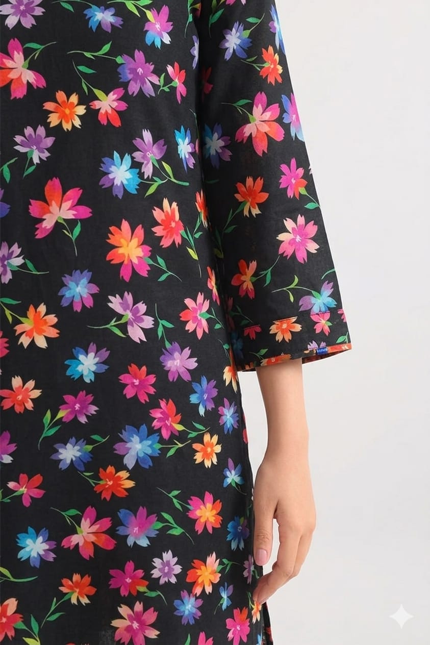 Unstitched Printed Suit- Multi Flower Black 2 Piece Suit