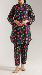 Unstitched Printed Suit- Multi Flower Black 2 Piece Suit