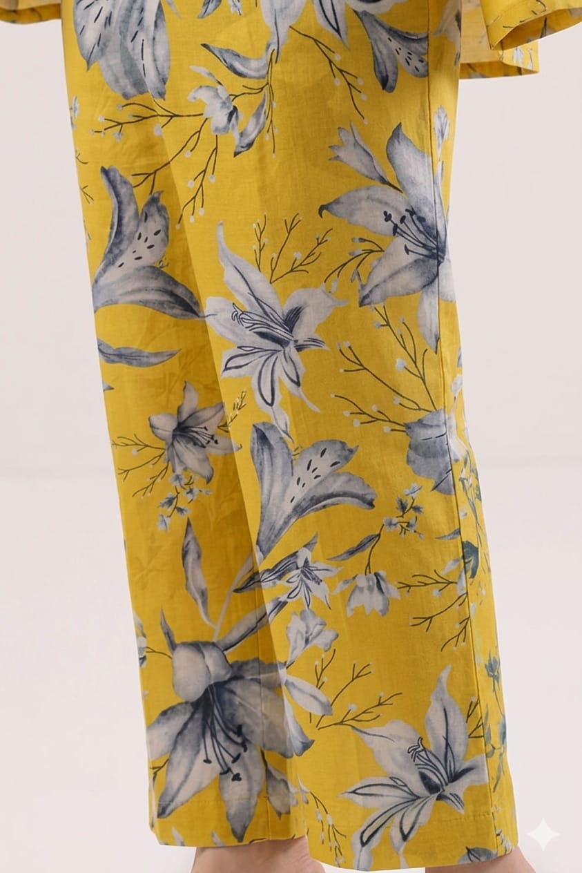 Unstitched Printed Suit- Gray Flower Yellow 2 Piece Suit