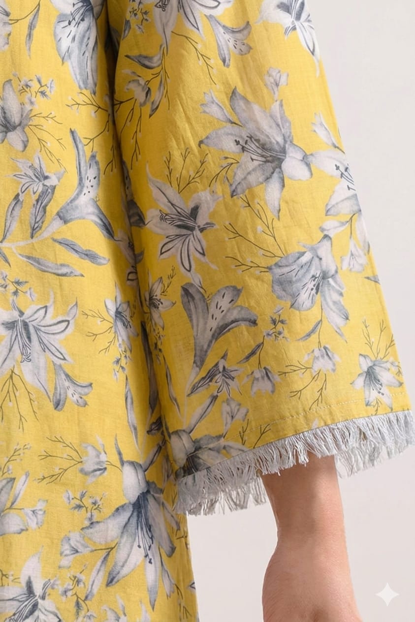 Unstitched Printed Suit- Gray Flower Yellow 2 Piece Suit