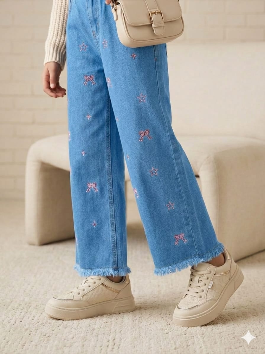 Star With Bow Embroidery Sky Blue Jeans Girls