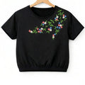 (Short Length) Right Side Embroidery Black T-Shirt Girls
