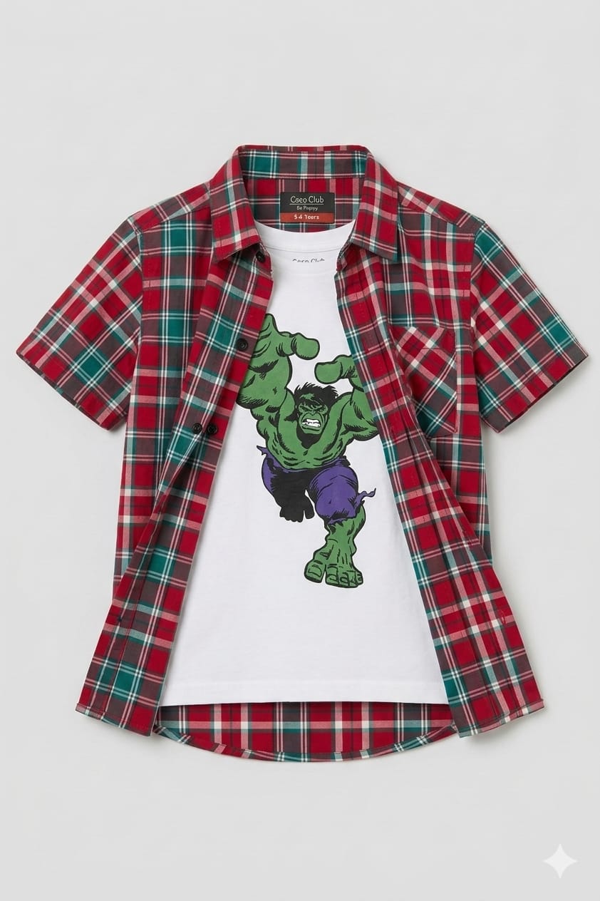 Hulk White Inner Red Check Double Casual Shirt Boys