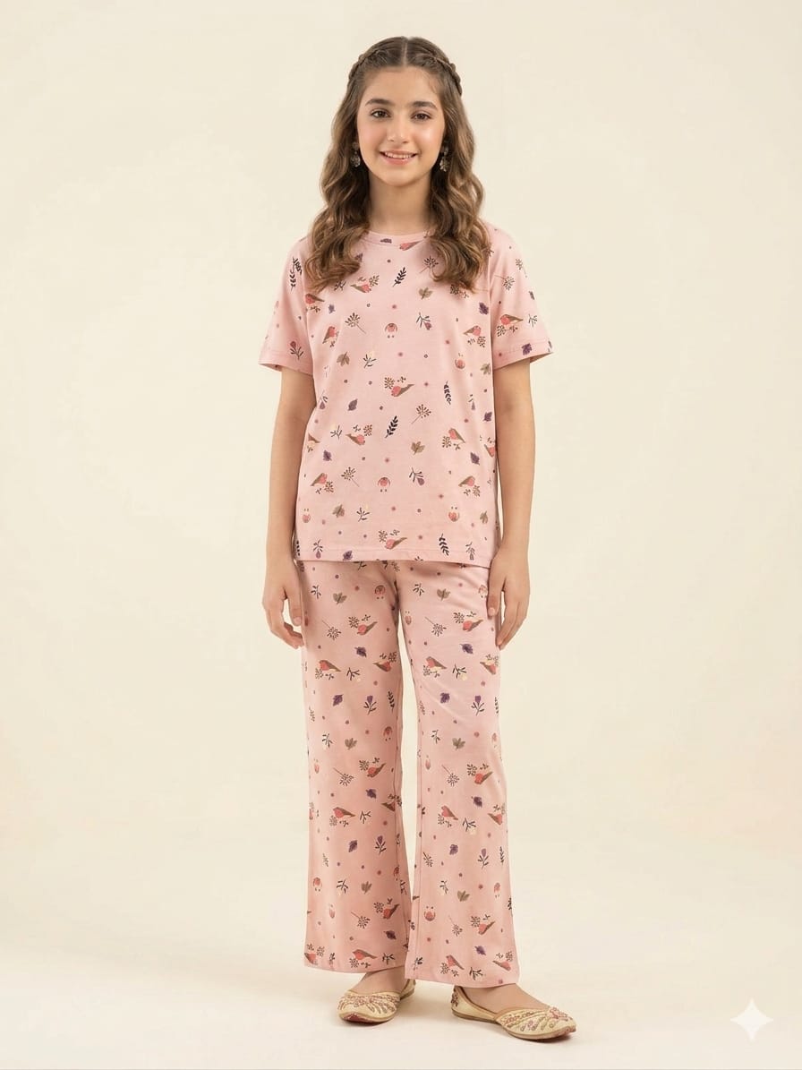 Cute Birdy Bloom Print Peach Trouser Shirt Girls