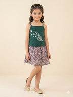 White Heart Print Green Skirt Suit Girls