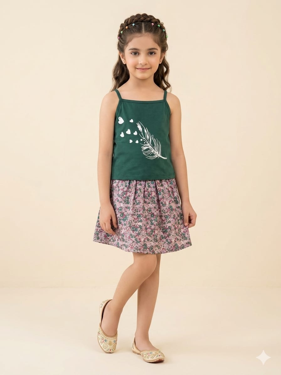 White Heart Print Green Skirt Suit Girls