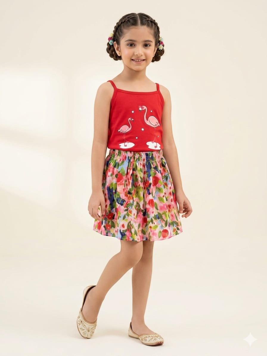Flamingo Red Skirt Suit Girls