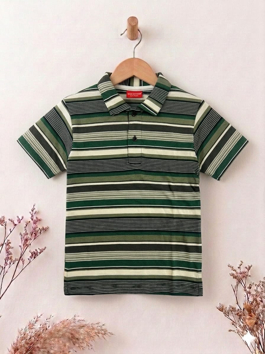 Green Striper Mehndi Collar T-Shirt Boys