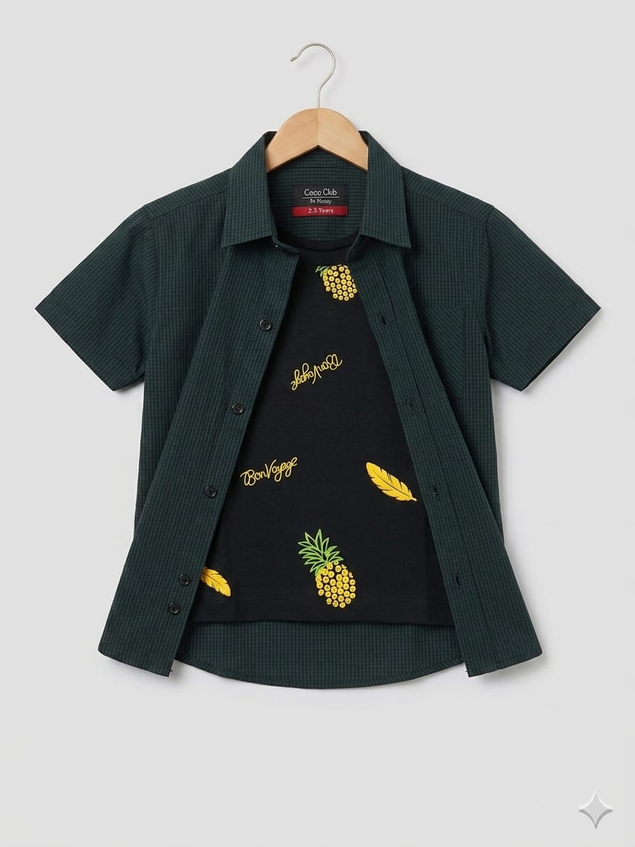 Pineapple All Over Print Black Double Casual Shirt Boys ( R-75 )