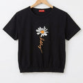 (Short Length)Happy Flower Black T-Shirt Girls ( R-524 )