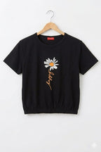 (Short Length)Happy Flower Black T-Shirt Girls