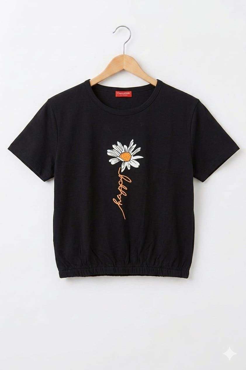 (Short Length)Happy Flower Black T-Shirt Girls ( R-524 )