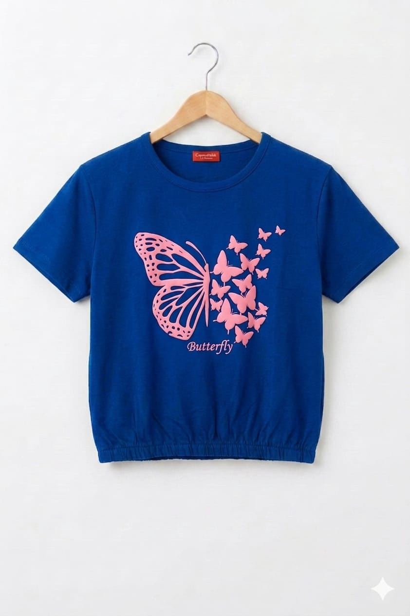 ( Short Length )Many Butterfly Royal Blue T-Shirt Girls  ( R-83 )