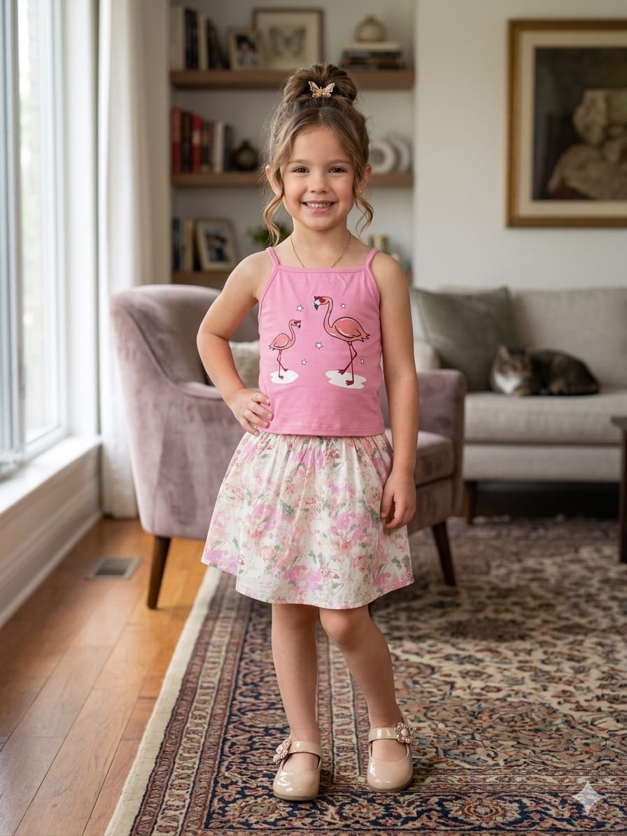 Flamingo Baby Pink Skirt Suit Girls