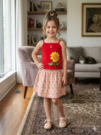 Sun Flower Print Red Skirt Suit Girls  ( R-379 )