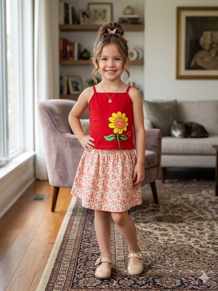 Sun Flower Print Red Skirt Suit Girls  ( R-379 )