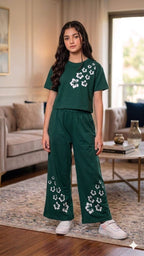 White Flower Dark Green Baggi Trouser Shirt Girls ( R-3 )