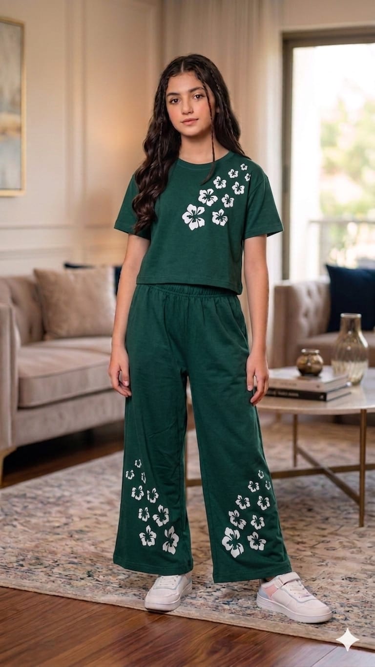 White Flower Dark Green Baggi Trouser Shirt Girls ( R-3 )