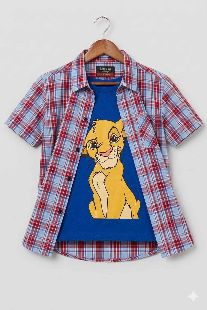 Simba Print Royal Blue Sky Red Check Double Casual Shirt Boys