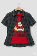 Mickey Mouse Red Inner Green Check Double Casual Shirt Boys ( R-387 )
