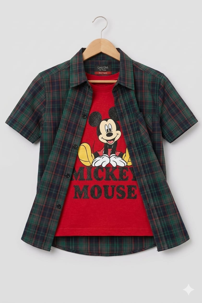 Mickey Mouse Red Inner Green Check Double Casual Shirt Boys ( R-387 )