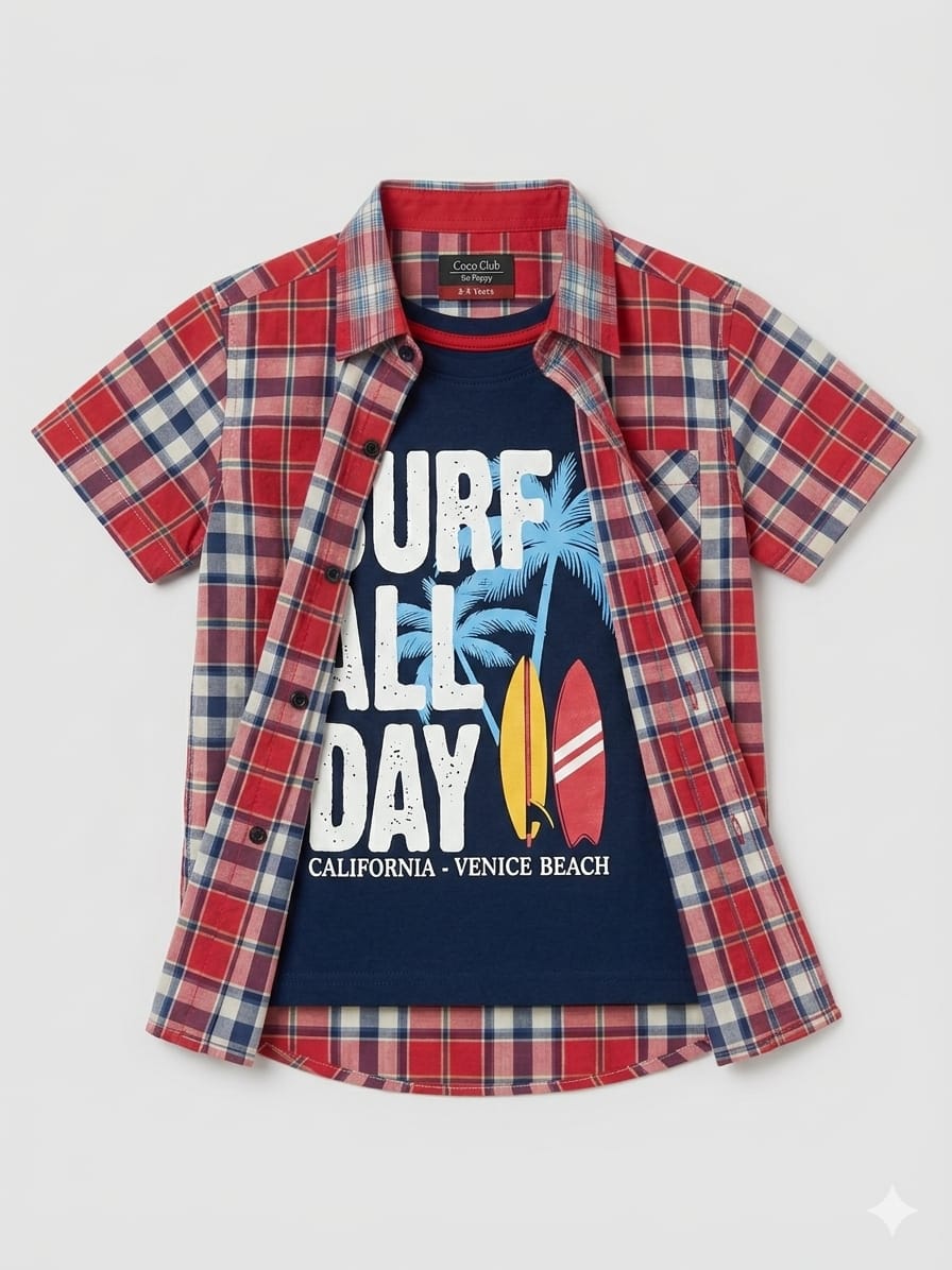 Surf All Day Navy Inner Carrot Check Double Casual Shirt Boys ( R-387 )