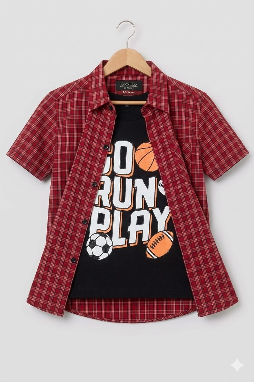 Go Run Play Black Inner Red Double Casual Shirt Boys ( R-419 )