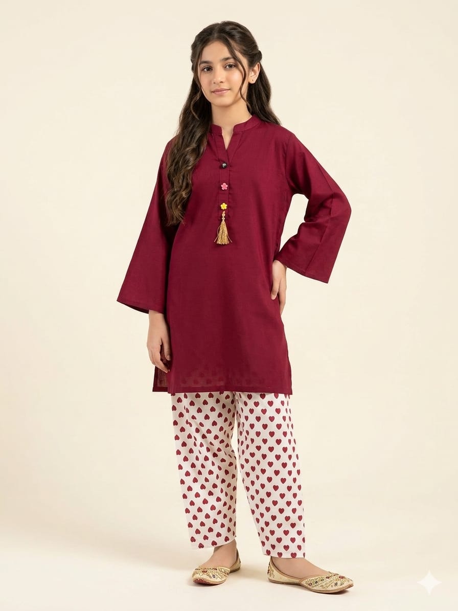 Simple Mahroon With Farshi Shalwar 2Pcs Suit Girls