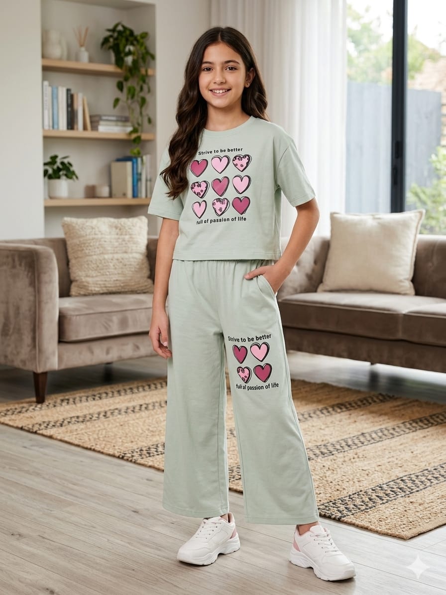 Nine Heart Print Pista  Baggi Trouser Shirt Girls