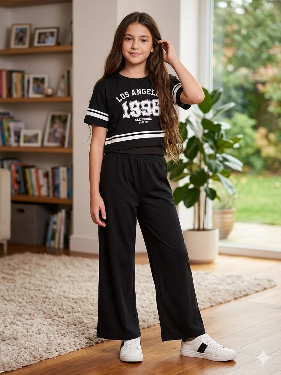 Los angeles Print Black Baggy Trouser Shirt- Girls